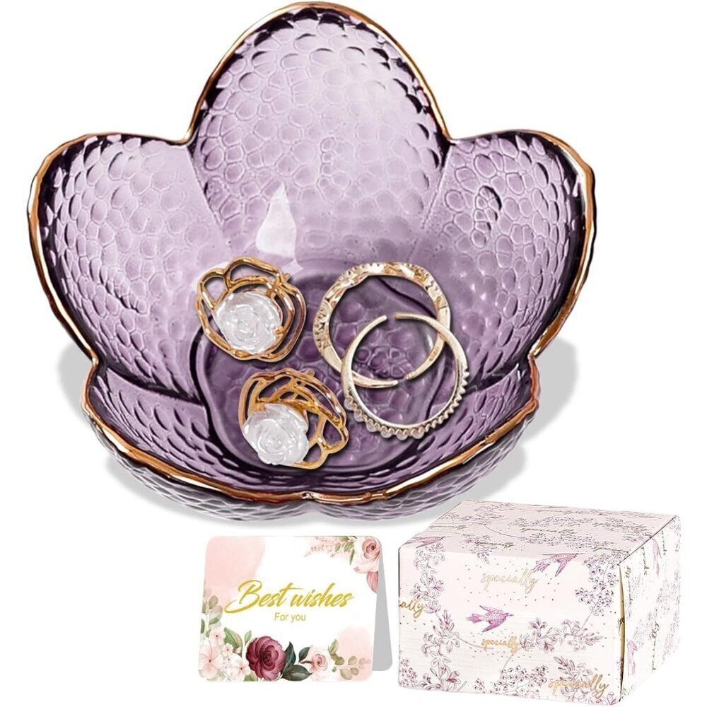 Purple Flower Jewelry Dish Glass Ring Holder Dish Jewelry Tray Cute Vanity